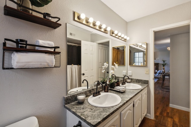 bathroom featuring vanity, wood-type flooring, and toilet