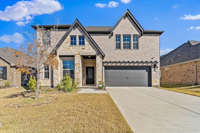 view of front of house featuring a front yard and a garage