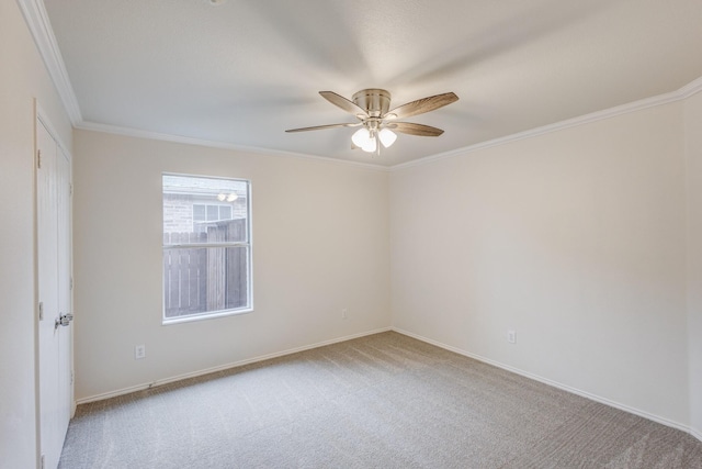 spare room with ceiling fan, carpet floors, and ornamental molding