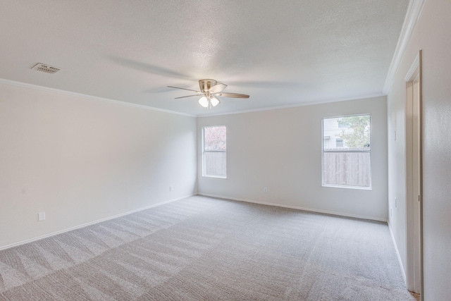 carpeted empty room featuring ceiling fan, ornamental molding, and a textured ceiling