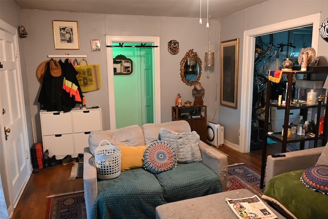 living room with dark hardwood / wood-style flooring