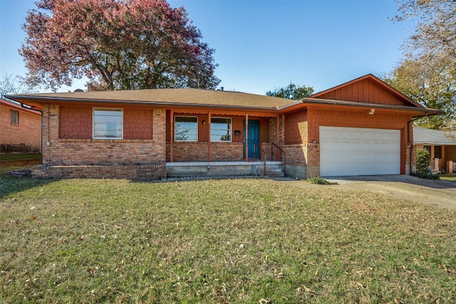 single story home with a front yard and a garage