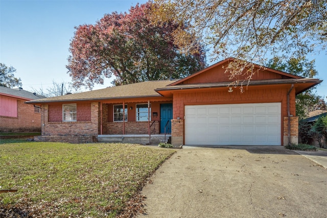 single story home featuring a front lawn, a porch, and a garage