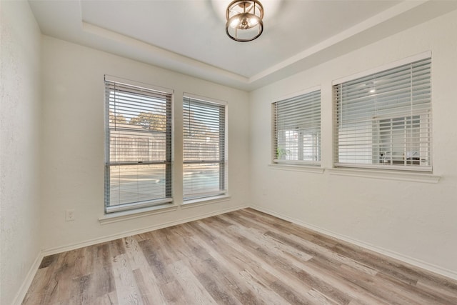 unfurnished room with light hardwood / wood-style floors and a raised ceiling