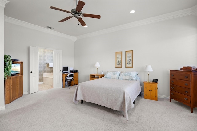 carpeted bedroom featuring connected bathroom, ceiling fan, and crown molding