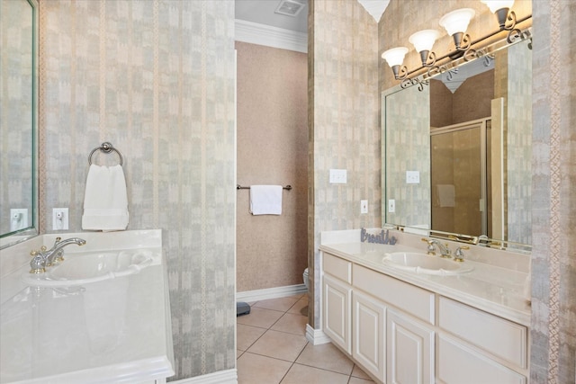 bathroom with walk in shower, tile patterned flooring, crown molding, toilet, and vanity