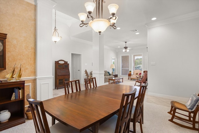 dining room with light tile patterned floors, ceiling fan with notable chandelier, and ornamental molding