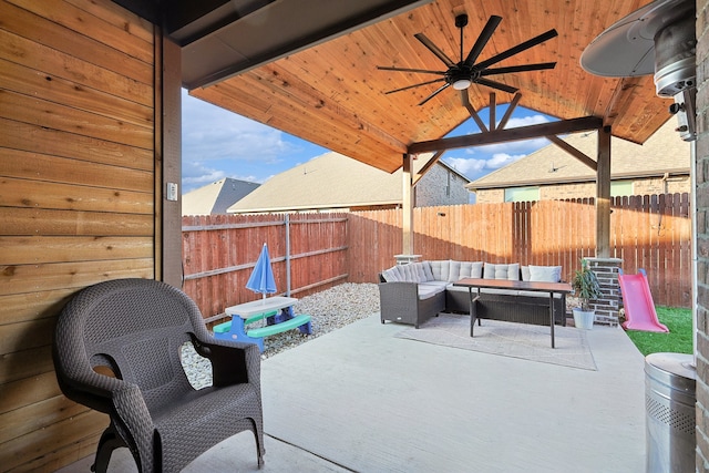 view of patio with an outdoor hangout area and ceiling fan