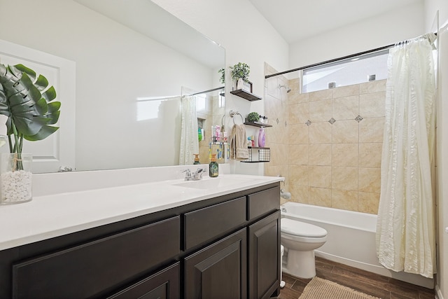 full bathroom with shower / bathtub combination with curtain, vanity, toilet, and wood-type flooring