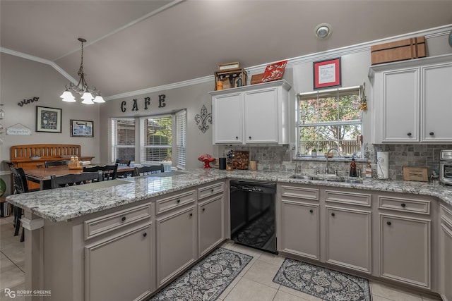 kitchen with kitchen peninsula, backsplash, sink, a notable chandelier, and black dishwasher