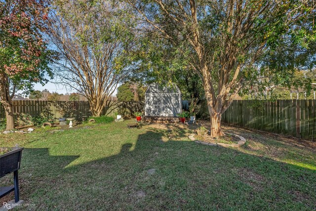 view of yard with a shed and a water view