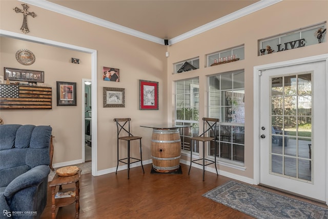 interior space featuring dark hardwood / wood-style flooring and ornamental molding