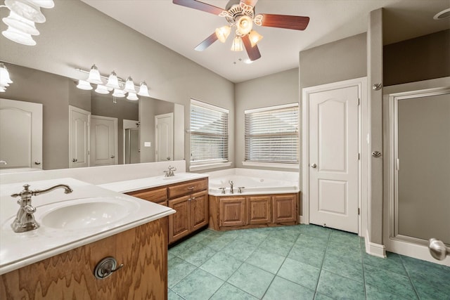 bathroom with separate shower and tub, ceiling fan, tile patterned flooring, and vanity