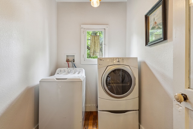 clothes washing area featuring separate washer and dryer and dark hardwood / wood-style floors