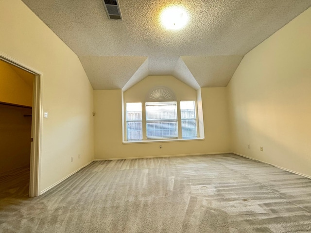 additional living space with a textured ceiling, light colored carpet, and vaulted ceiling