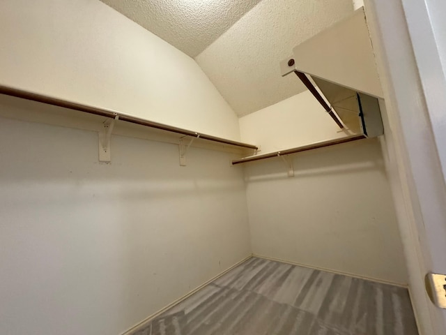 walk in closet with vaulted ceiling and carpet