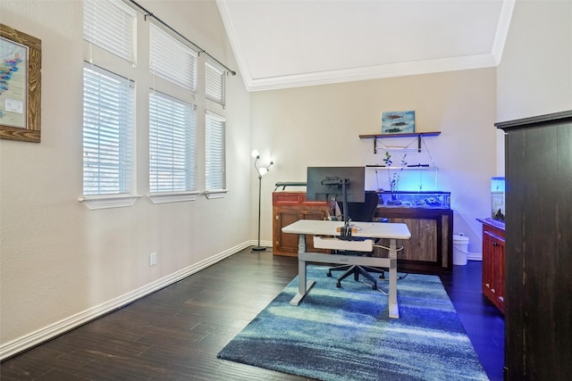 office with vaulted ceiling, crown molding, and dark hardwood / wood-style floors