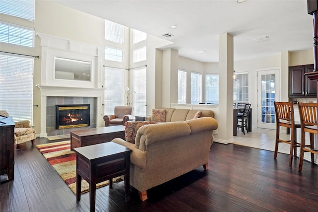 living room with a fireplace, plenty of natural light, and dark wood-type flooring