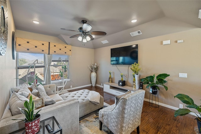 living room featuring hardwood / wood-style floors, ceiling fan, and lofted ceiling