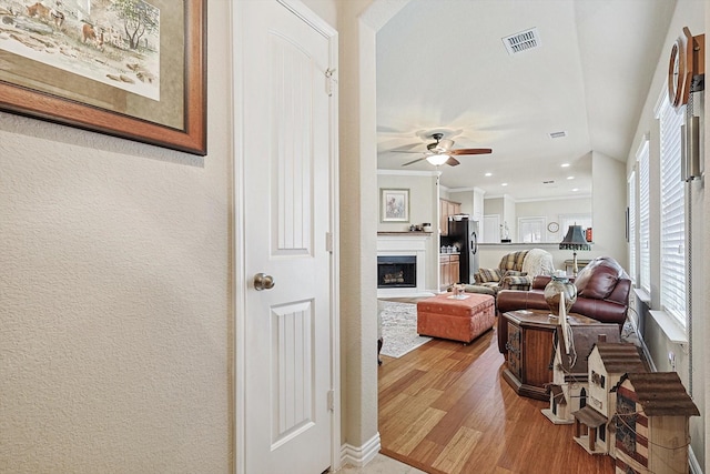 living room with crown molding, ceiling fan, and light wood-type flooring