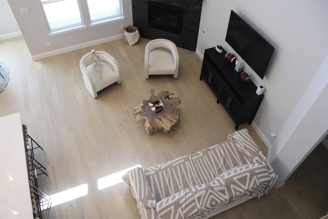 living room with a fireplace and hardwood / wood-style flooring