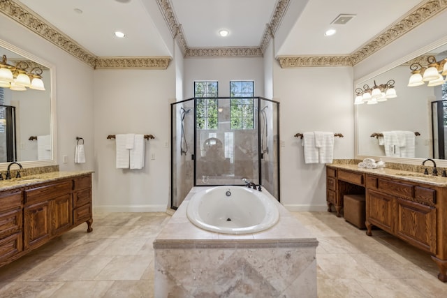 bathroom featuring vanity and plus walk in shower