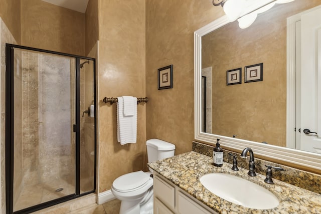 bathroom with tile patterned flooring, a shower with door, vanity, and toilet