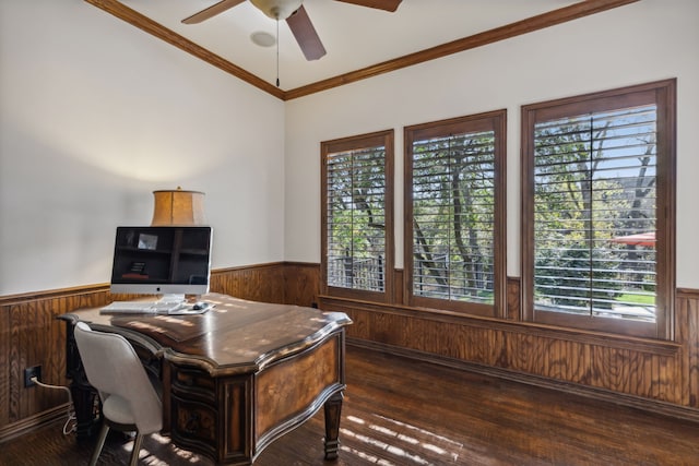 office space featuring ceiling fan, wood walls, dark hardwood / wood-style flooring, and ornamental molding