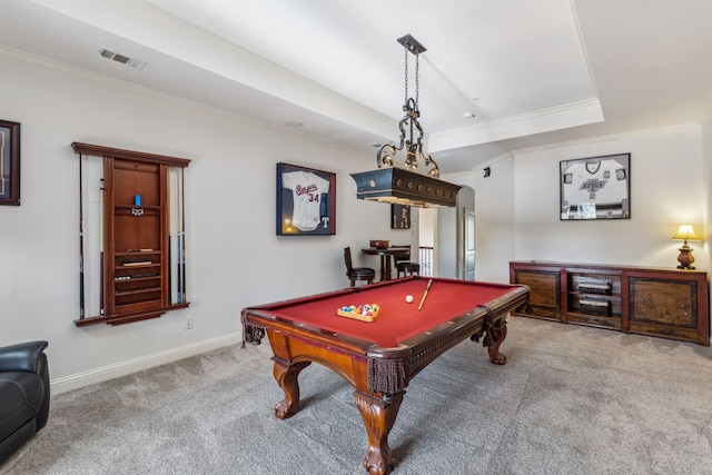 game room featuring carpet flooring, a tray ceiling, ornamental molding, and pool table