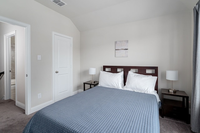 bedroom featuring carpet, ensuite bathroom, and vaulted ceiling