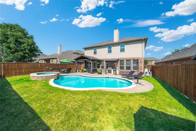 view of pool with a gazebo, an outdoor hangout area, a yard, and an in ground hot tub