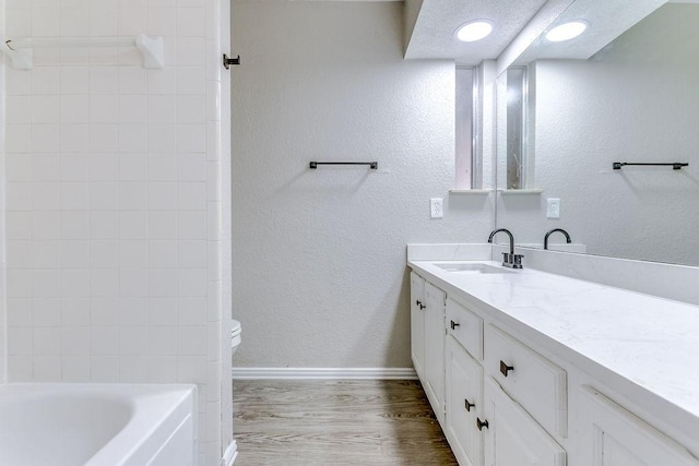 bathroom with vanity, wood-type flooring, and toilet