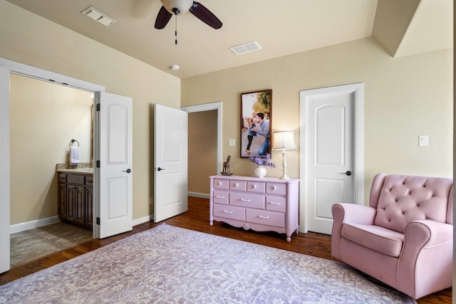 sitting room featuring hardwood / wood-style flooring, ceiling fan, and lofted ceiling