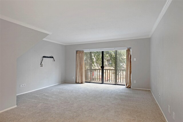 spare room with light colored carpet and crown molding