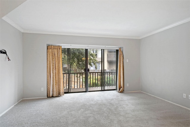 spare room with ornamental molding and carpet flooring