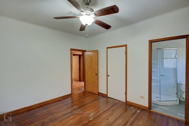 unfurnished bedroom with hardwood / wood-style floors, crown molding, ceiling fan, and ensuite bathroom