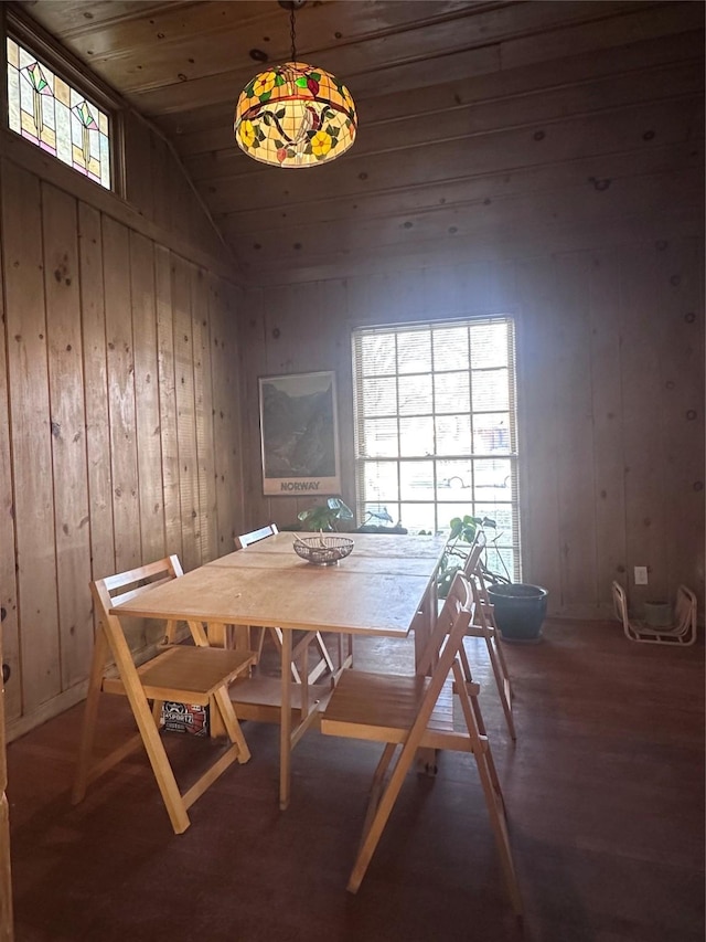 unfurnished dining area with wooden walls, a wealth of natural light, lofted ceiling, and wood ceiling