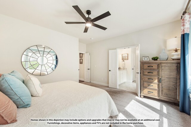 bedroom featuring ceiling fan, light carpet, and connected bathroom