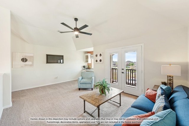 living room featuring french doors, light colored carpet, ceiling fan, and lofted ceiling