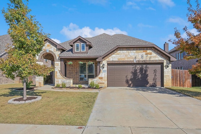 french country style house with roof with shingles, a garage, stone siding, driveway, and a front lawn