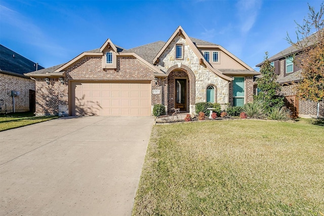 view of front of home featuring a front yard and a garage