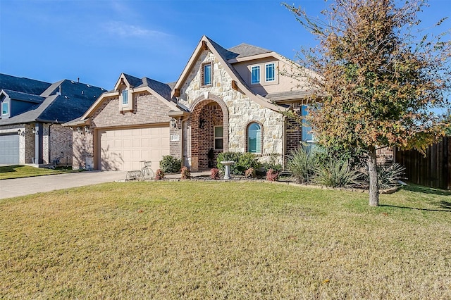 view of front facade featuring a garage and a front lawn