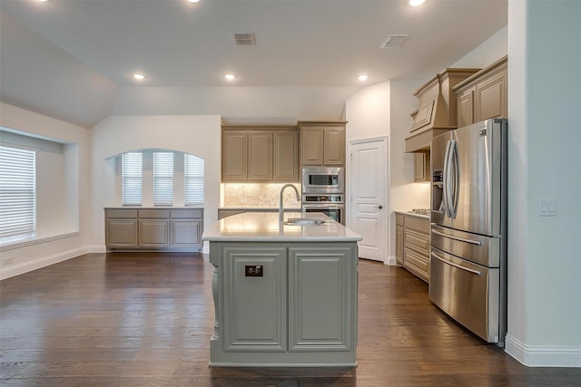 kitchen with decorative backsplash, stainless steel appliances, vaulted ceiling, sink, and an island with sink