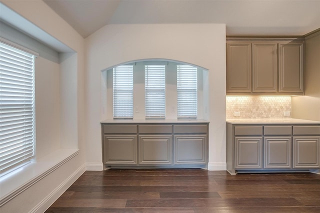 interior space featuring dark hardwood / wood-style floors and vaulted ceiling