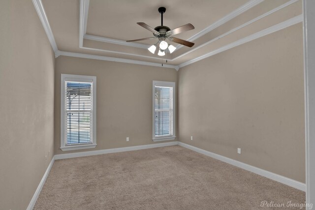 spare room featuring ceiling fan, light colored carpet, ornamental molding, and a tray ceiling