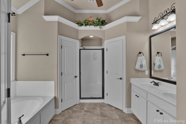 bathroom with crown molding, ceiling fan, a towering ceiling, vanity, and separate shower and tub