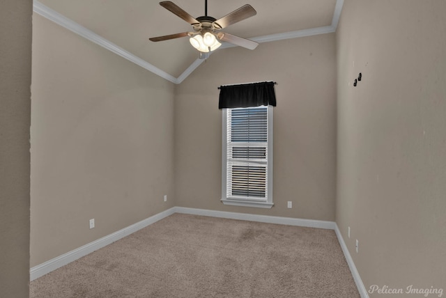 empty room with lofted ceiling, ornamental molding, light colored carpet, and ceiling fan