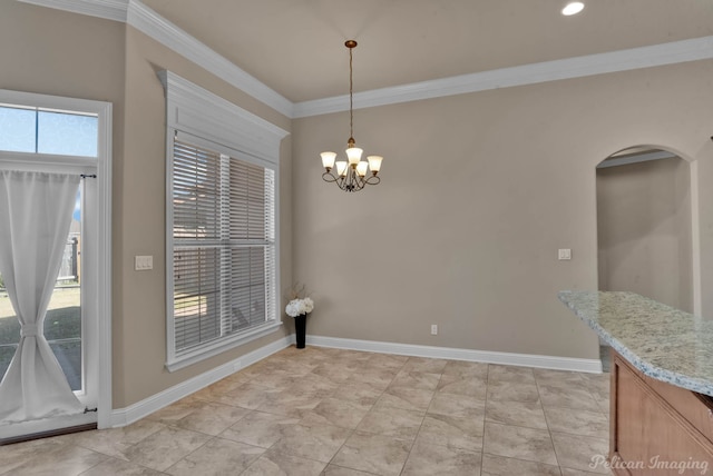 tiled dining room with crown molding and a chandelier