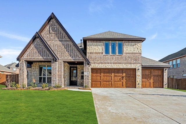 view of front facade with a garage and a front lawn