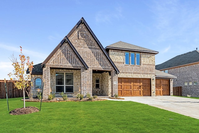 view of front of house with a garage and a front lawn